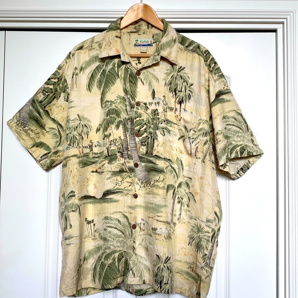 Kahala Hawaiian Islands men's shirt Tropical Golf scene Vintage 100% Silk Size L